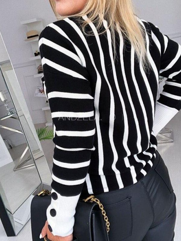 Striped Print Knitted Sweater Women Long Sleeve Casual Sweaters Pullover Winter Button Design Knitting Sweaters Pull Femme - Takalr