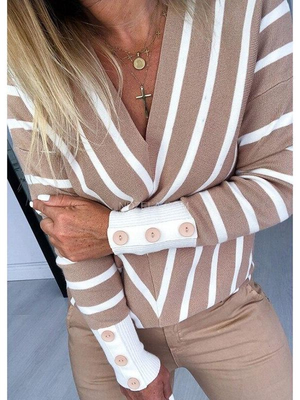 Striped Print Knitted Sweater Women Long Sleeve Casual Sweaters Pullover Winter Button Design Knitting Sweaters Pull Femme - Takalr