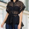 Striped See Through Buttoned Tied Waist Shirt Women Short Sleeve Transparent Ruffles Top Streetwear Summer Blusa Mujer - Takalr