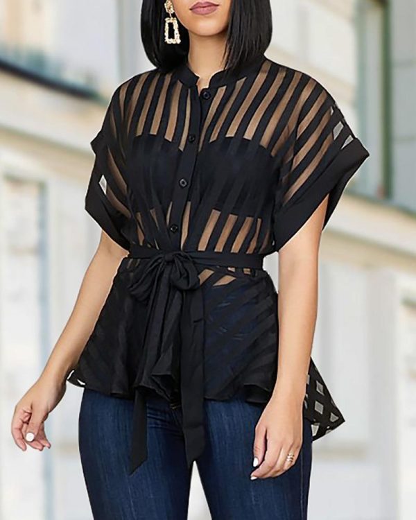 Striped See Through Buttoned Tied Waist Shirt Women Short Sleeve Transparent Ruffles Top Streetwear Summer Blusa Mujer - Takalr