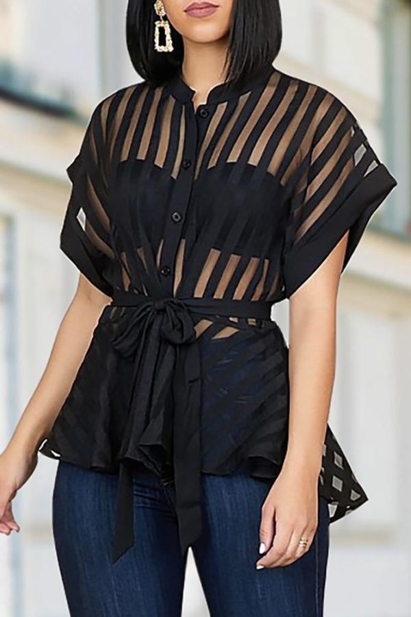 Striped See Through Buttoned Tied Waist Shirt Women Short Sleeve Transparent Ruffles Top Streetwear Summer Blusa Mujer - Takalr