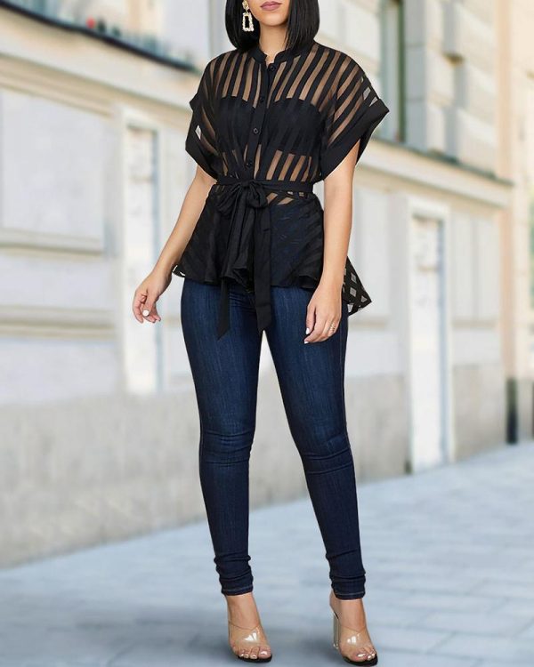 Striped See Through Buttoned Tied Waist Shirt Women Short Sleeve Transparent Ruffles Top Streetwear Summer Blusa Mujer - Takalr