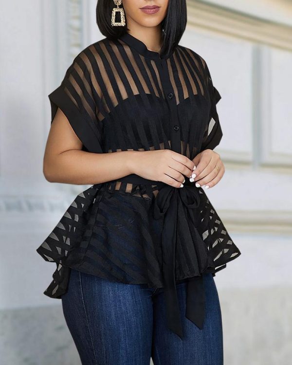 Striped See Through Buttoned Tied Waist Shirt Women Short Sleeve Transparent Ruffles Top Streetwear Summer Blusa Mujer - Takalr