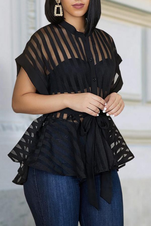 Striped See Through Buttoned Tied Waist Shirt Women Short Sleeve Transparent Ruffles Top Streetwear Summer Blusa Mujer - Takalr