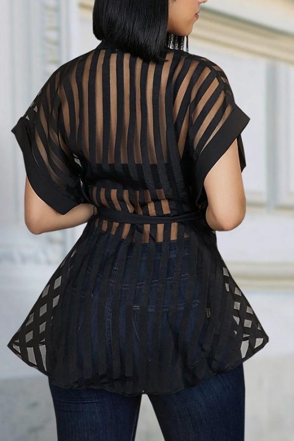 Striped See Through Buttoned Tied Waist Shirt Women Short Sleeve Transparent Ruffles Top Streetwear Summer Blusa Mujer - Takalr