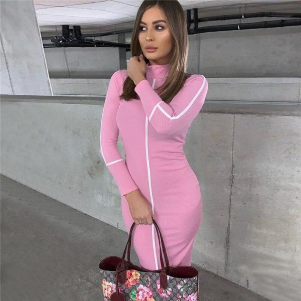 Striped biding bodycon dress women Turtleneck long sleeve fitness party dress Autumn 2019 Stretchy knee length vestidos femme - Takalr