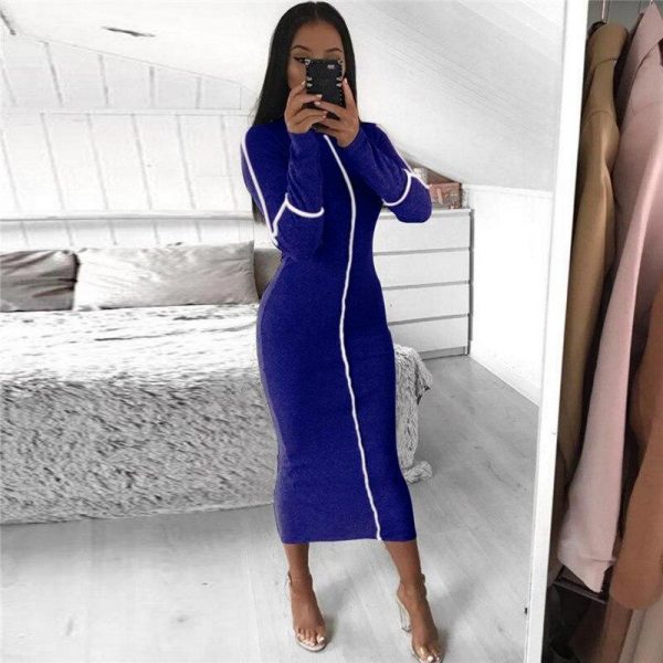 Striped biding bodycon dress women Turtleneck long sleeve fitness party dress Autumn 2019 Stretchy knee length vestidos femme - Takalr