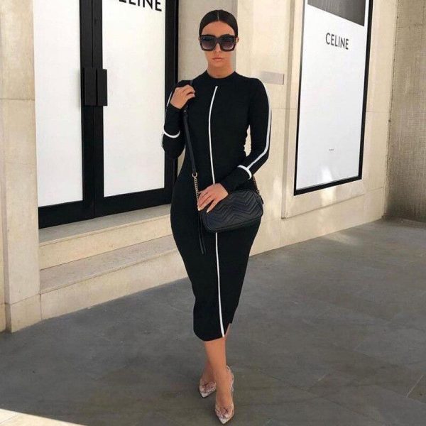 Striped biding bodycon dress women Turtleneck long sleeve fitness party dress Autumn 2019 Stretchy knee length vestidos femme - Takalr