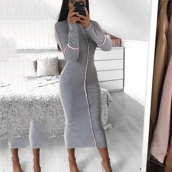 Striped biding long sleeve bodycon dress women Solid color sexy night club party dress Autumn knee turleneck robe femme - Takalr