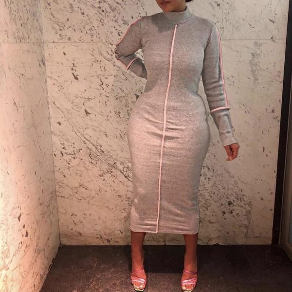 Striped biding long sleeve bodycon dress women Solid color sexy night club party dress Autumn knee turleneck robe femme - Takalr