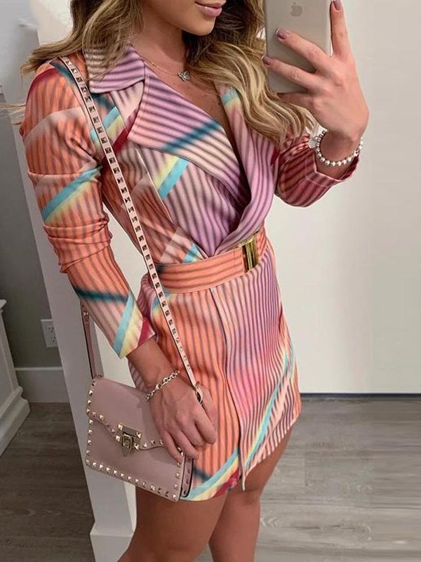 Striped print midi blazer dress with belt Long sleeve turn down collar autumn women dress 2019 Elegant office workwear Vestidos - Takalr