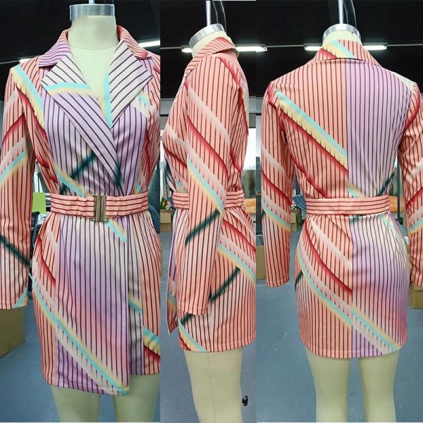 Striped print midi blazer dress with belt Long sleeve turn down collar autumn women dress 2019 Elegant office workwear Vestidos - Takalr