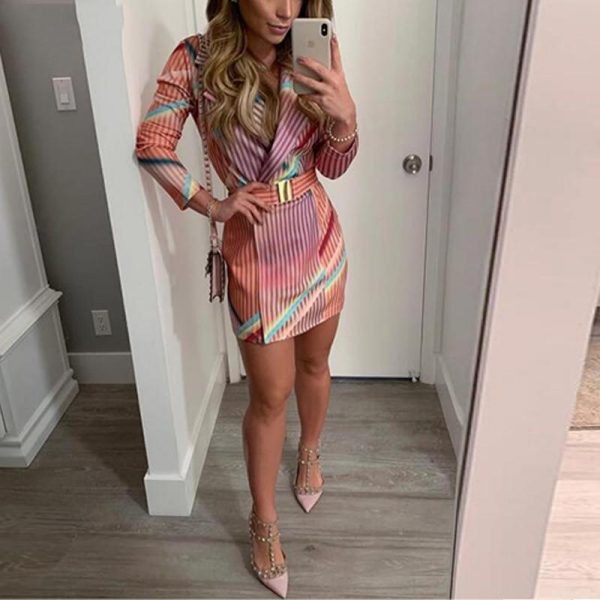 Striped print midi blazer dress with belt Long sleeve turn down collar autumn women dress 2019 Elegant office workwear Vestidos - Takalr