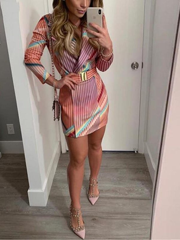 Striped print midi blazer dress with belt Long sleeve turn down collar autumn women dress 2019 Elegant office workwear Vestidos - Takalr