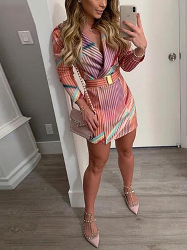 Striped print midi blazer dress with belt Long sleeve turn down collar autumn women dress 2019 Elegant office workwear Vestidos - Takalr