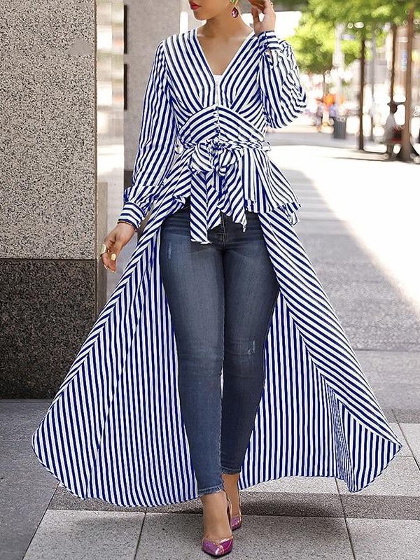 Striped print tie waist plunging blouse Women v neck stripes blouse shirt Spring Dip hem irregular long womens tops and blouses - Takalr