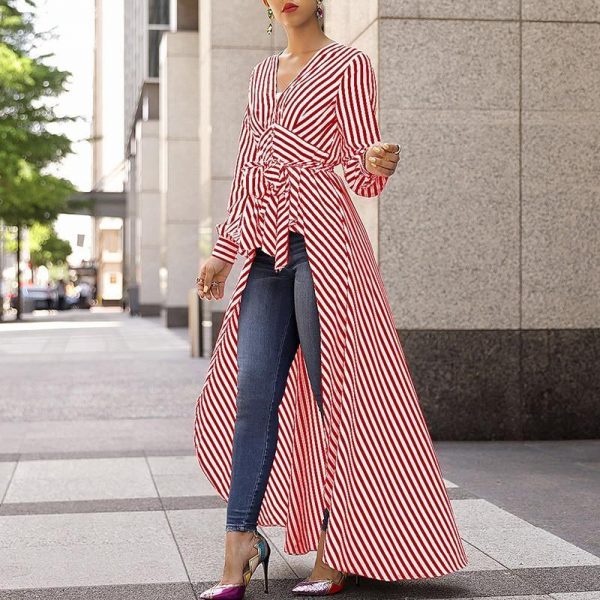 Striped print tie waist plunging blouse Women v neck stripes blouse shirt Spring Dip hem irregular long womens tops and blouses - Takalr