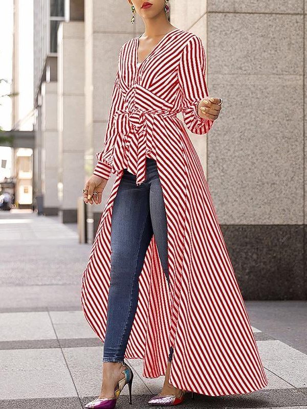 Striped print tie waist plunging blouse Women v neck stripes blouse shirt Spring Dip hem irregular long womens tops and blouses - Takalr