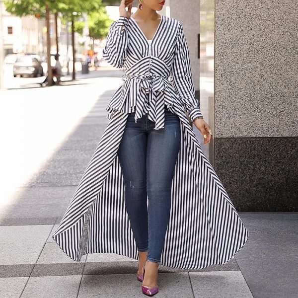 Striped print tie waist plunging blouse Women v neck stripes blouse shirt Spring Dip hem irregular long womens tops and blouses - Takalr