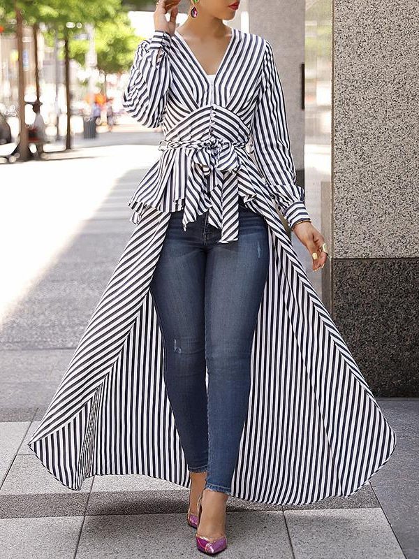 Striped print tie waist plunging blouse Women v neck stripes blouse shirt Spring Dip hem irregular long womens tops and blouses - Takalr