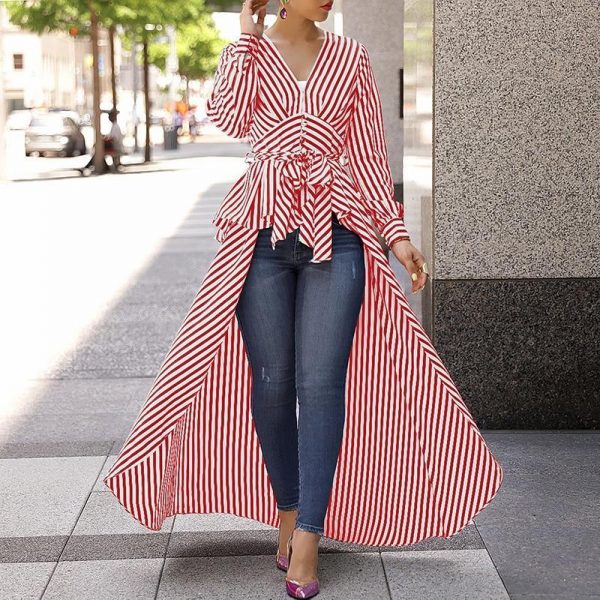 Striped print tie waist plunging blouse Women v neck stripes blouse shirt Spring Dip hem irregular long womens tops and blouses - Takalr