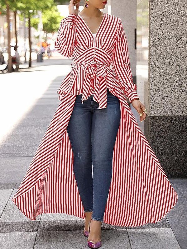 Striped print tie waist plunging blouse Women v neck stripes blouse shirt Spring Dip hem irregular long womens tops and blouses - Takalr