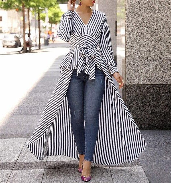 Striped print tie waist plunging blouse Women v neck stripes blouse shirt Spring Dip hem irregular long womens tops and blouses - Takalr