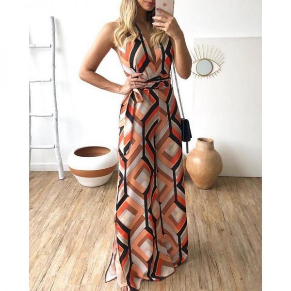 Striped print wide leg pants jumpsuit for women v neck party long jumpsuit womens romper Summer beach overall bodysuit - Takalr