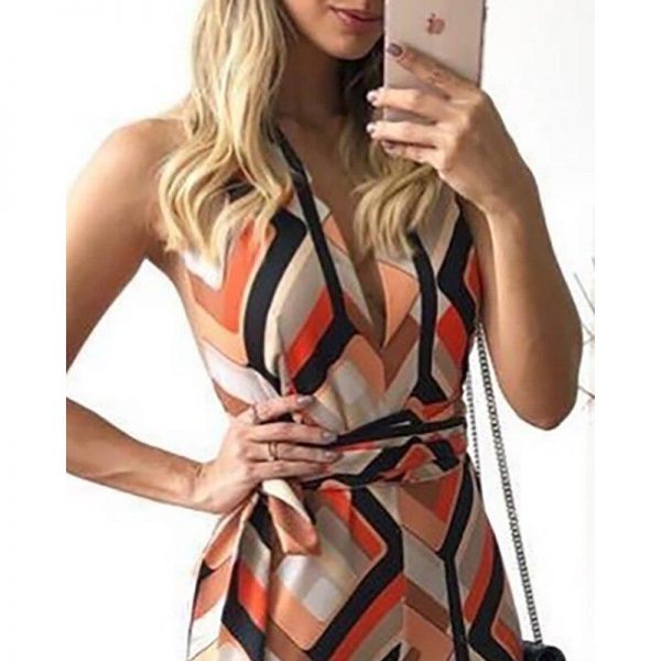 Striped print wide leg pants jumpsuit for women v neck party long jumpsuit womens romper Summer beach overall bodysuit - Takalr