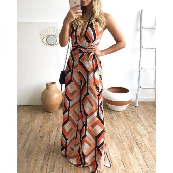 Striped print wide leg pants jumpsuit for women v neck party long jumpsuit womens romper Summer beach overall bodysuit - Takalr