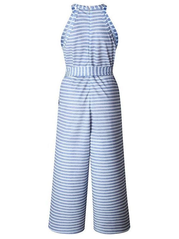 Striped printed high waist jumpsuits and rompers Women sleeveless jumpsuit with belt  Summer new wide leg pants playsuits - Takalr