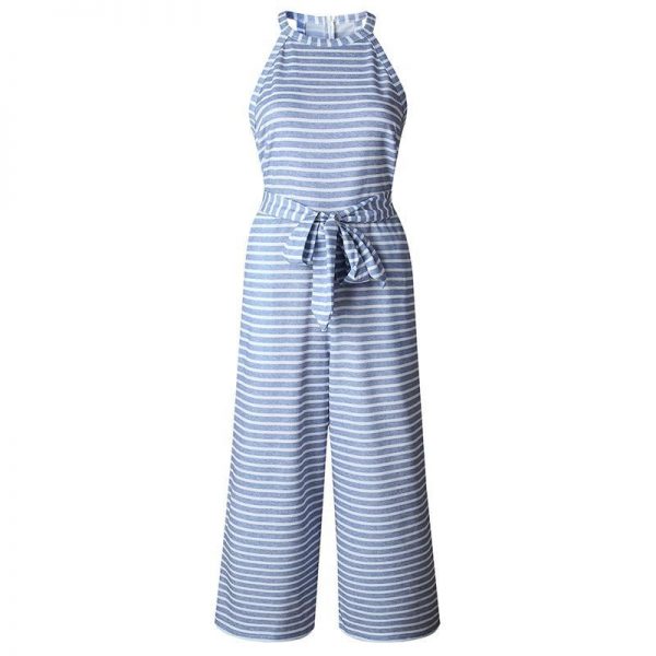 Striped printed high waist jumpsuits and rompers Women sleeveless jumpsuit with belt  Summer new wide leg pants playsuits - Takalr