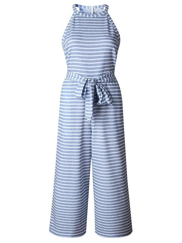 Striped printed high waist jumpsuits and rompers Women sleeveless jumpsuit with belt  Summer new wide leg pants playsuits - Takalr