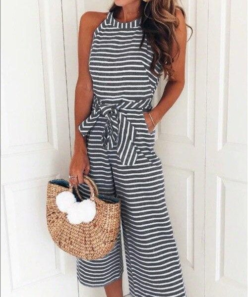 Striped printed high waist jumpsuits and rompers Women sleeveless jumpsuit with belt  Summer new wide leg pants playsuits - Takalr