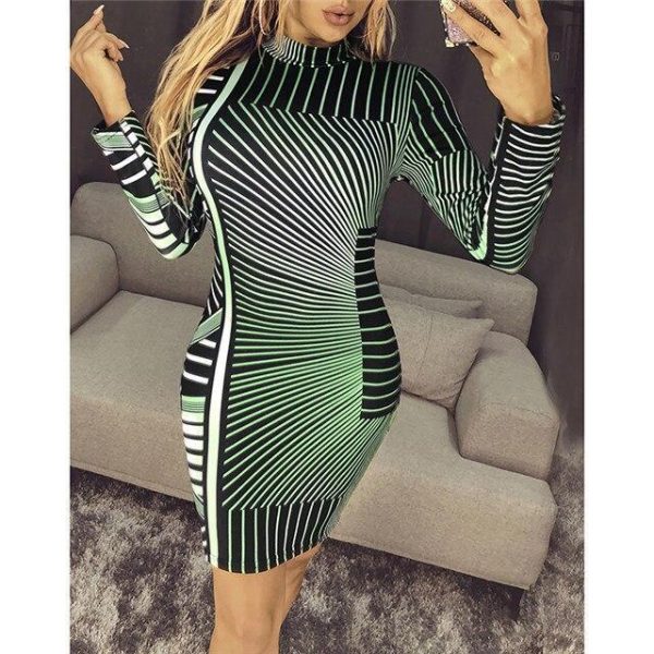 Striped printed long sleeve bodycon dress Women turtleneck slim fit pencil dresses Spring skinny party dress vestidos - Takalr