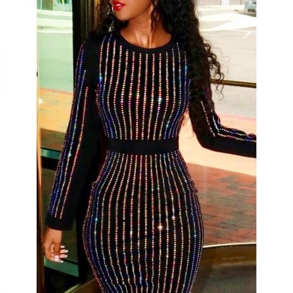 Stripes binding sequin party dress Women long sleeve diamonds bodycon sexy dress Shinny skinny dresses vestidos verano - Takalr