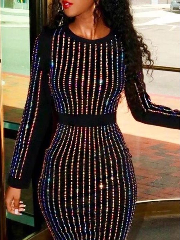 Stripes binding sequin party dress Women long sleeve diamonds bodycon sexy dress Shinny skinny dresses vestidos verano - Takalr