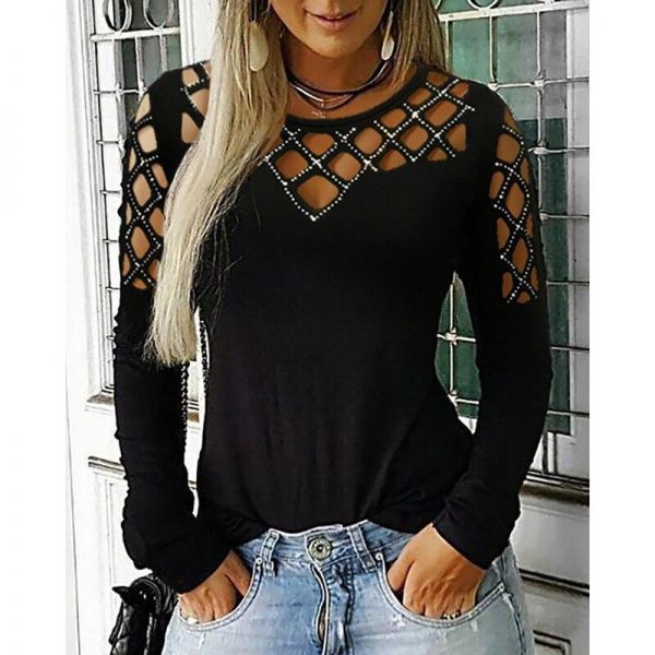 Studded hollow out long sleeve top Women summer Leisure holiday blouse shir Ladies Black Basic Shinny casual blouse - Takalr