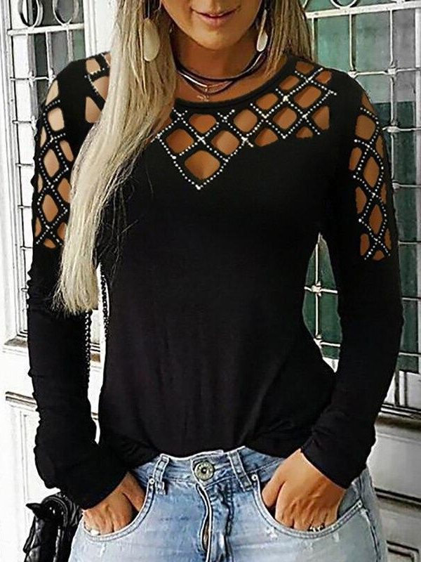 Studded hollow out long sleeve top Women summer Leisure holiday blouse shir Ladies Black Basic Shinny casual blouse - Takalr