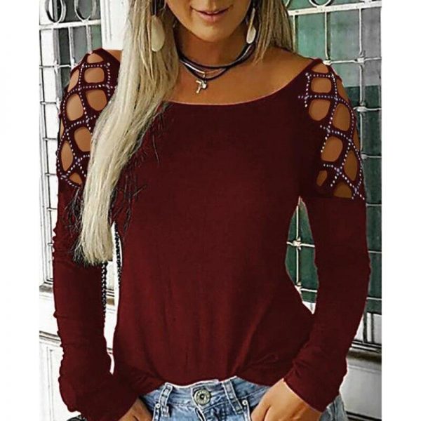 Studded hollow out long sleeve top Women summer Leisure holiday blouse shir Ladies Black Basic Shinny casual blouse - Takalr