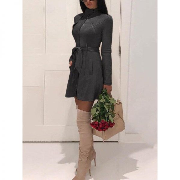 Suede leather dress women long sleeve belted dress autumn fashion faux suede leather dresses Elegant party dress vestidos - Takalr