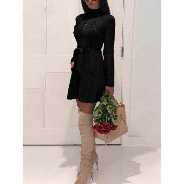 Suede leather dress women long sleeve belted dress autumn fashion faux suede leather dresses Elegant party dress vestidos - Takalr