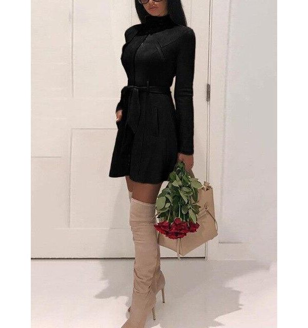 Suede leather dress women long sleeve belted dress autumn fashion faux suede leather dresses Elegant party dress vestidos - Takalr