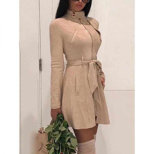 Suede leather dress women long sleeve belted dress autumn fashion faux suede leather dresses Elegant party dress vestidos - Takalr