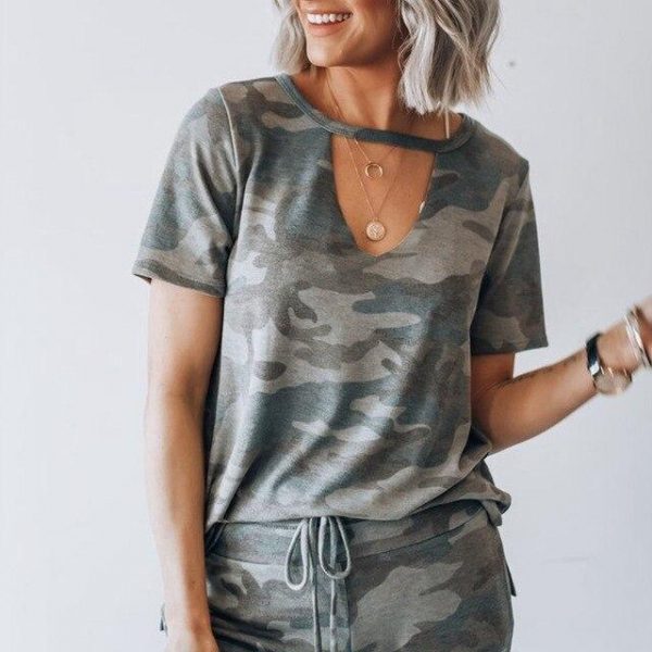 Summer Camouflage Print T Shirt Women Clothes Graphic Tee Short Sleeve Halter Shirts Tshirt Casual Loose Tops Fashion Streetwear - Takalr