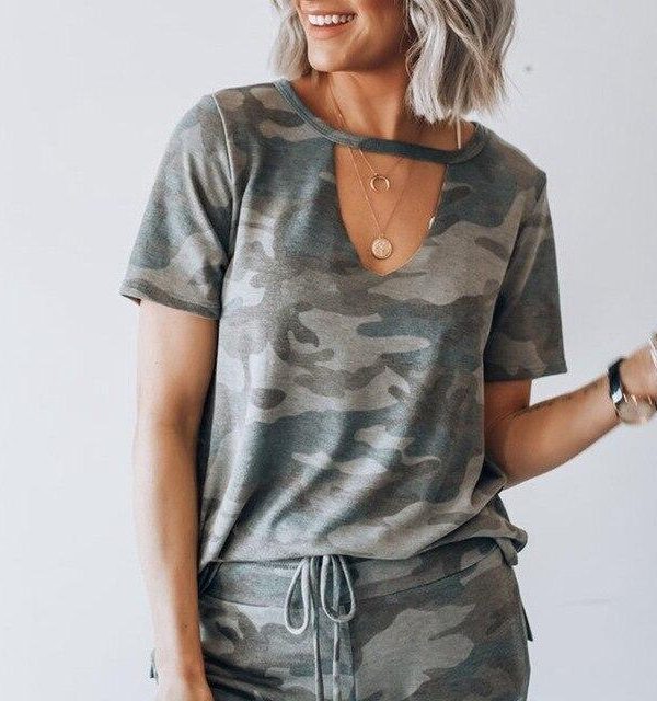 Summer Camouflage Print T Shirt Women Clothes Graphic Tee Short Sleeve Halter Shirts Tshirt Casual Loose Tops Fashion Streetwear - Takalr