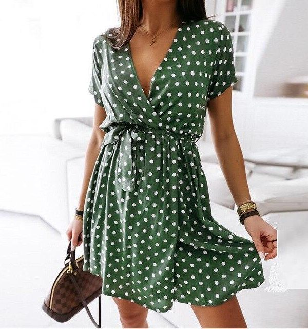 Summer Casual Polka Dot Low Cut Elastic Waist Short Sleeve Women Summer Dress Sexy Women Dress - Takalr