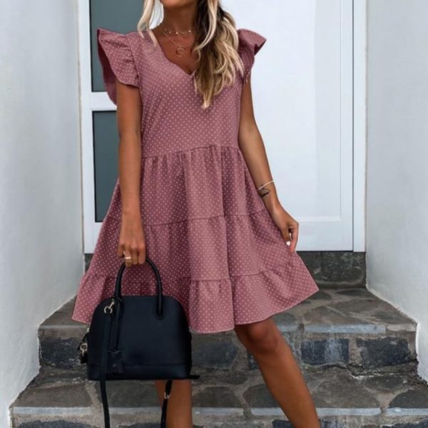 Summer Casual Polka Dot V Neck Ruffled Short Sleeve Women Summer Dress Sexy Women Dress - Takalr