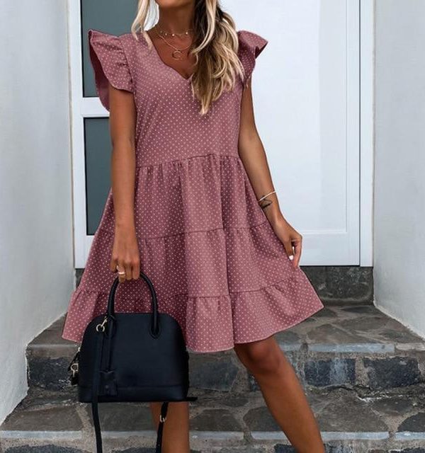 Summer Casual Polka Dot V Neck Ruffled Short Sleeve Women Summer Dress Sexy Women Dress - Takalr