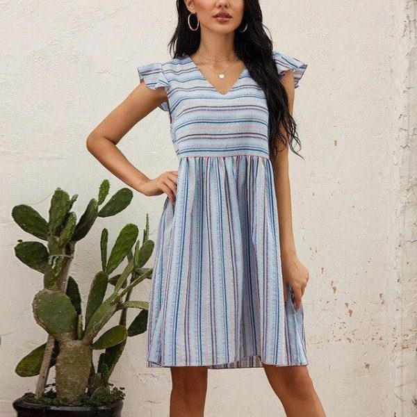 Summer Casual Striped Low Cut Elastic Waist Short Sleeve Women Summer Dress Sexy Women Dress - Takalr